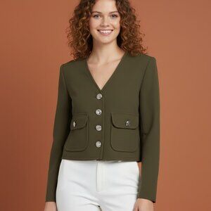 ELIE TAHARI  V-neck Cropped Long Sleeve Jacket in Olive Green Size S NWT $345